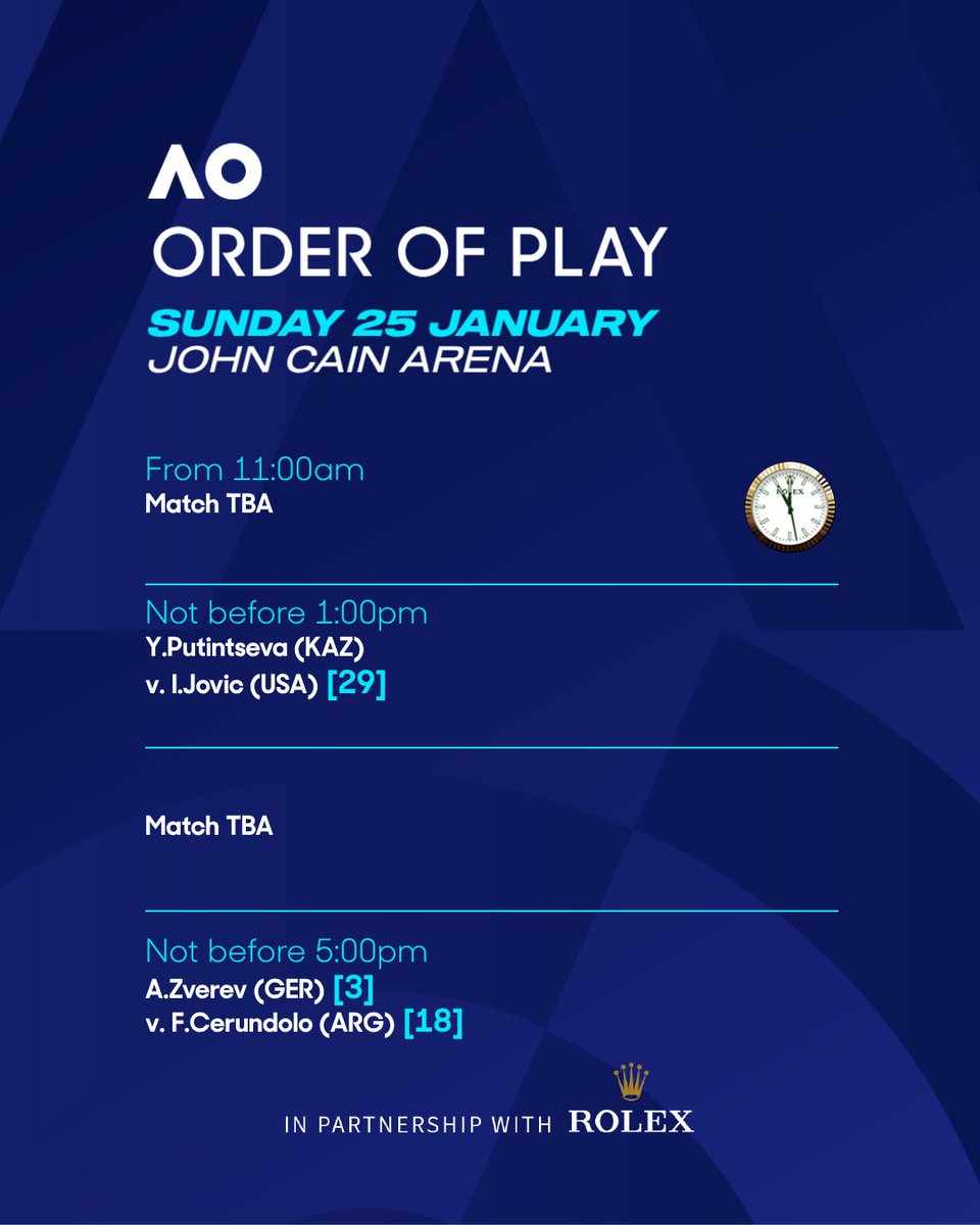 AustralianOpen's tweet image. Australian Open order of play - RLA, MCA, JCA - Sunday 25 January 🎾
Schedule ➡️ ausopen.com/schedule#!43232
#AO26