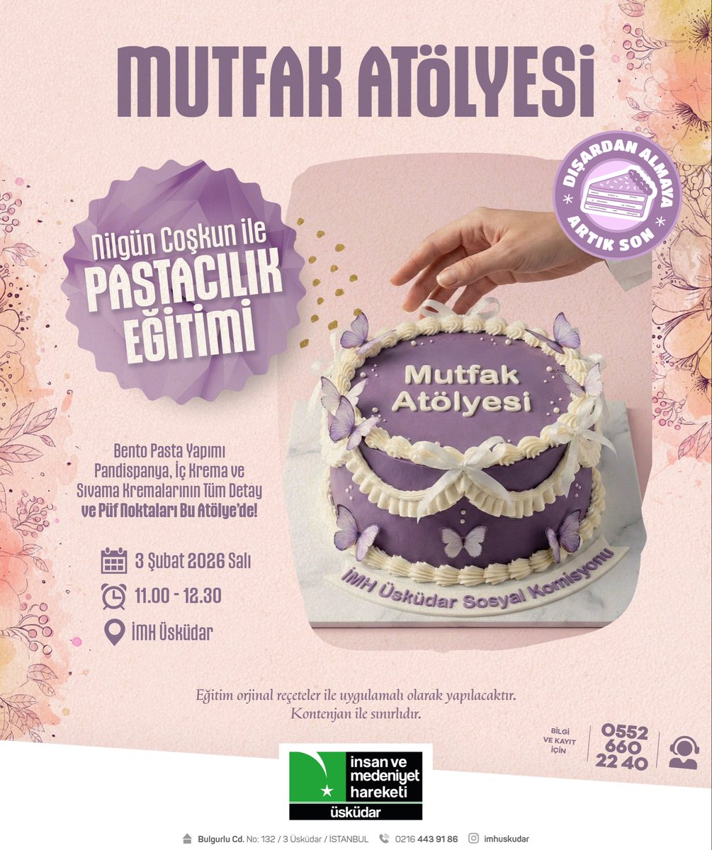 Tatlı bir üretim, keyifli bir buluşma 🍰

Hanımlara yönelik, 3 Şubat Salı günü,  Nilgün Coşkun ile bento pasta yapımının tüm inceliklerini, orijinal reçetelerle ve uygulamalı olarak deneyimliyoruz. 

📞 Kayıt için: 05526602240