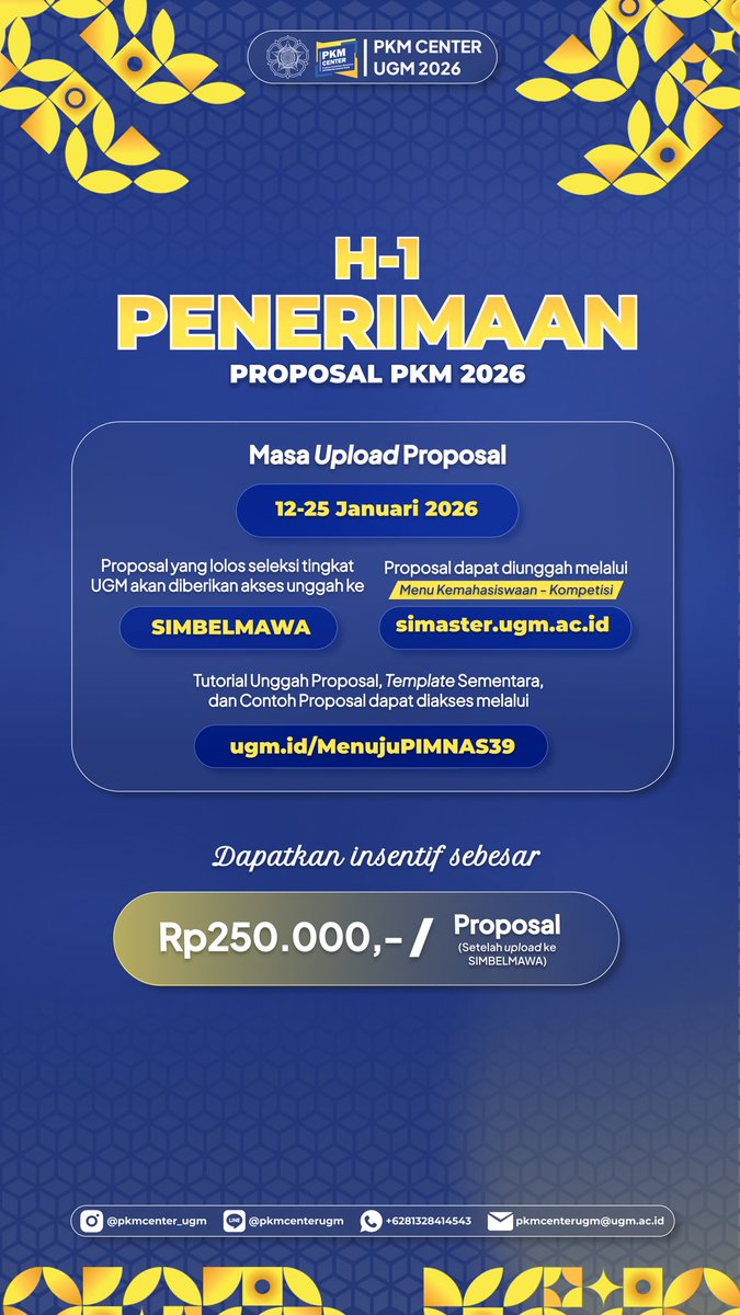 pkmcenterUGM's tweet photo. ‼️[H-1 MENUJU PENUTUPAN OPEN SUBMISSION PKM 2026]‼️

Salam Semangat Sobat PKM UGM! 🔥

Sudah siap kembali memperjuangkan Piala Adikarta Kertawidya? 🏆
PKM Center UGM membuka kesempatan bagi seluruh mahasiswa Universitas Gadjah Mada untuk mengajukan Proposal https://t.co/7F3LoS6iGz