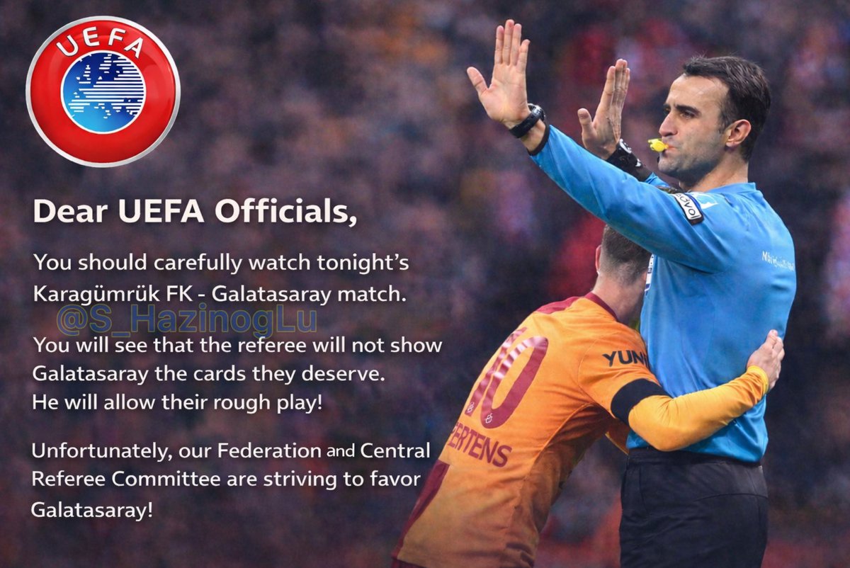Haydi Fenerbahçe taraftarı ! 

Elimizden geldiğince bu rezilliklere son verdirtmeliyiz !

Bu görsele UEFA’yı etiketleyelim ve paylaşalım ! 

<a href="/UEFA/">UEFA</a> <a href="/UEFAcom/">UEFA.com</a>

Çeviri ; 

‘ Sayın UEFA Yetkilileri,

Bu akşamki Karagümrük FK - Galatasaray maçını dikkatlice izlemelisiniz.

Hakemin