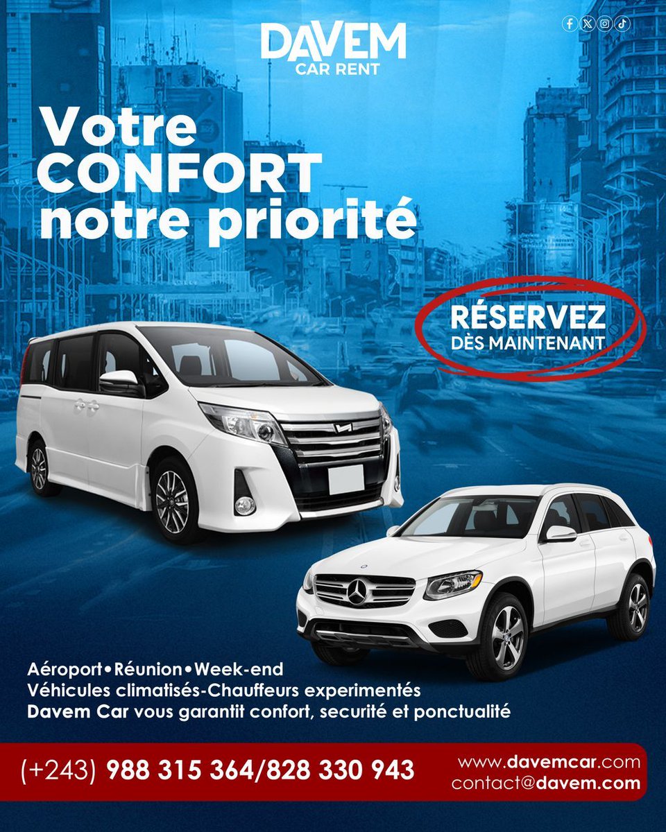 Davem_car's tweet image. Votre confort, notre priorité.
Que ce soit pour l’aéroport, une réunion ou un week-end, Davem Car Rent vous accompagne avec des véhicules climatisés et des chauffeurs expérimentés.

Réservez dès maintenant.

#DavemCar #LocationDeVoiture #Confort #Sécurité #Ponctualité #Kinshasa