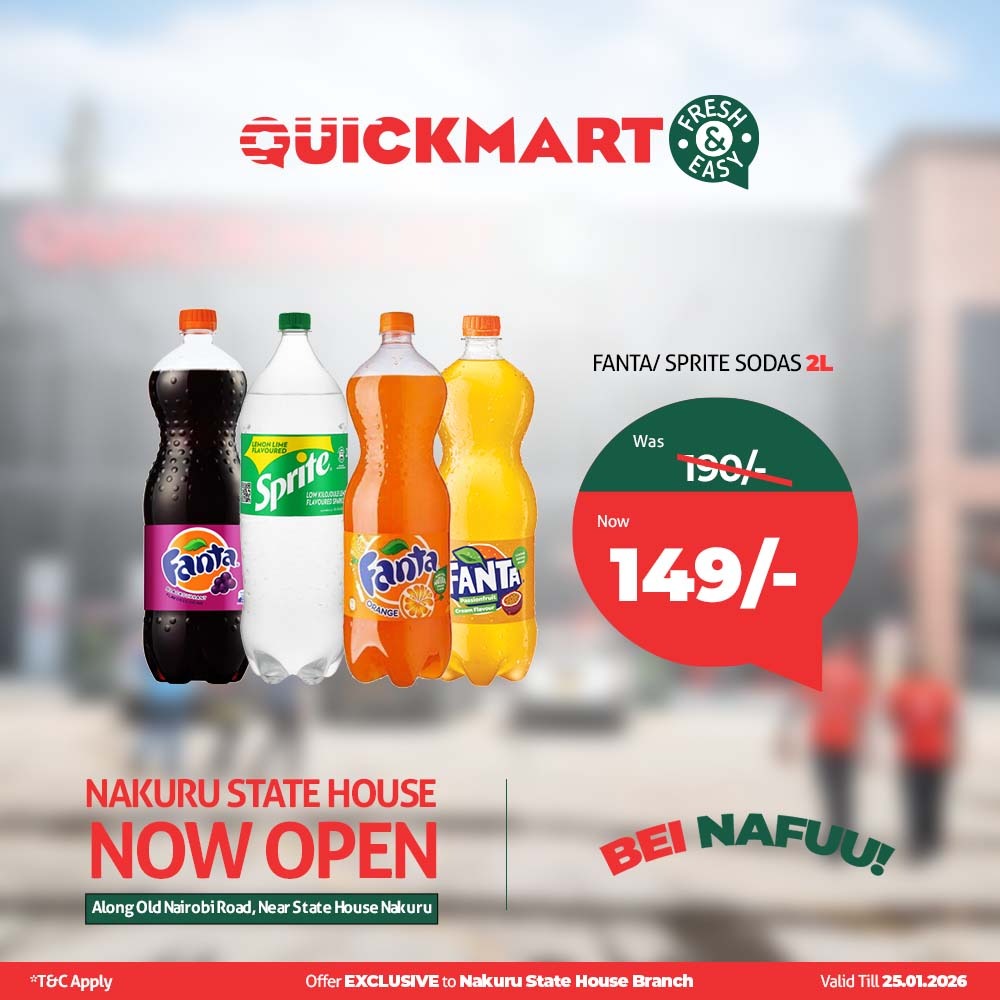 Fanta and Sprite 2L sodas down to 149 from 190/- at the new Quickmart along Old Nairobi Road. Nakuru State House branch is popping, perfect for weekend chilling.
#Quickmart65 #FreshAndEasy