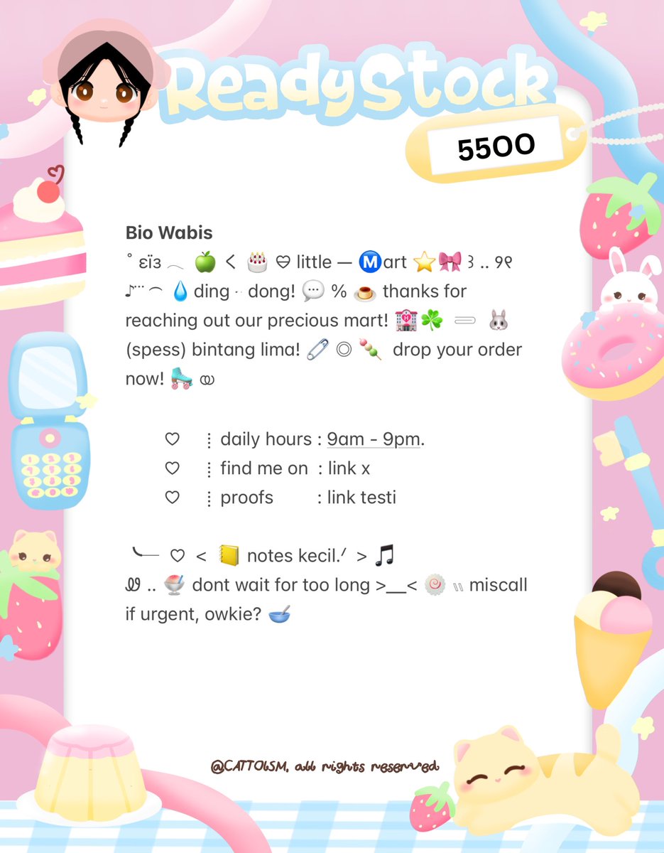 CATTOlSM's tweet image. ⣠ ︵  ♥︎  help repost?  tysm &amp;lt;3 ⭐️🎀  𓂅

◠  ⢸⠀ alline ada 3 wording  bio  wabis  kidcore  bocil  ready  stock. . 🎶🍏  𓂃 . εїз   hanya  55OO .ᐟ.ᐟ  &amp;gt;___%   💬👧🏻   ▷  ketuk  DM  sekarang. . ✋🏻 ₊˚𓂂

☆ —— tap alt for details! . . 🐈💧
zonauang  %  zonajajan  %  zonaba