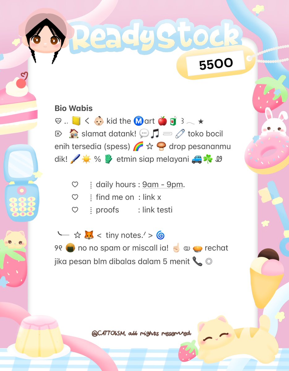CATTOlSM's tweet image. ⣠ ︵  ♥︎  help repost?  tysm &amp;lt;3 ⭐️🎀  𓂅

◠  ⢸⠀ alline ada 3 wording  bio  wabis  kidcore  bocil  ready  stock. . 🎶🍏  𓂃 . εїз   hanya  55OO .ᐟ.ᐟ  &amp;gt;___%   💬👧🏻   ▷  ketuk  DM  sekarang. . ✋🏻 ₊˚𓂂

☆ —— tap alt for details! . . 🐈💧
zonauang  %  zonajajan  %  zonaba