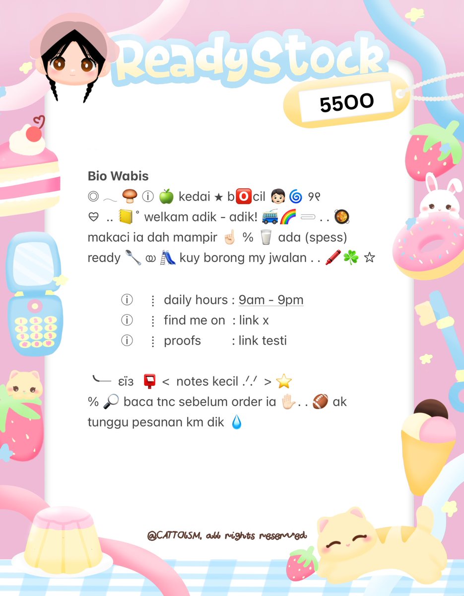 CATTOlSM's tweet image. ⣠ ︵  ♥︎  help repost?  tysm &amp;lt;3 ⭐️🎀  𓂅

◠  ⢸⠀ alline ada 3 wording  bio  wabis  kidcore  bocil  ready  stock. . 🎶🍏  𓂃 . εїз   hanya  55OO .ᐟ.ᐟ  &amp;gt;___%   💬👧🏻   ▷  ketuk  DM  sekarang. . ✋🏻 ₊˚𓂂

☆ —— tap alt for details! . . 🐈💧
zonauang  %  zonajajan  %  zonaba