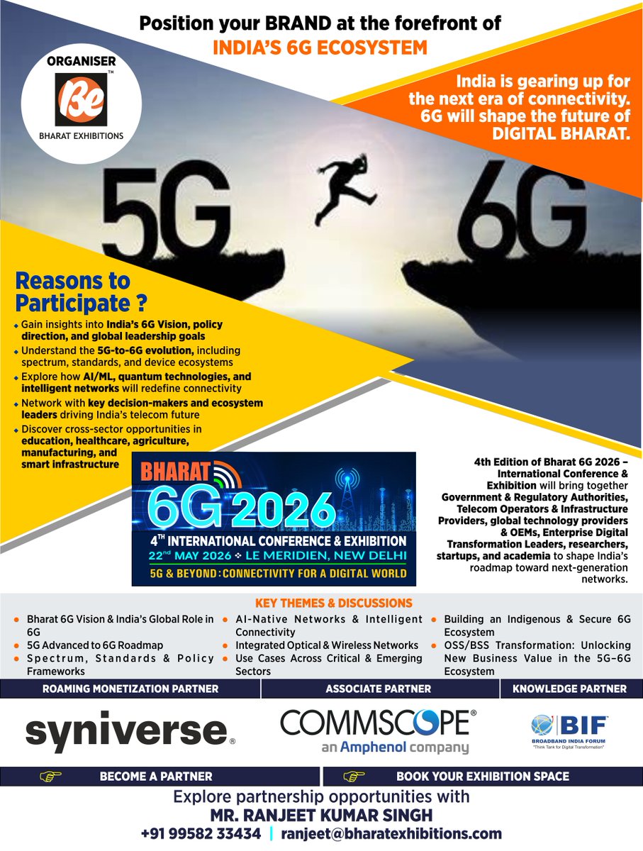 be_exhibitions's tweet photo. Unlocking 6G magic: Ultra-low latency for tomorrow's world. 💡 Save the date: #Bharat6G2026 22/5/26 New Delhi. Join the revolution! #FutureNetworks #DigitalIndia 

@DharanShashi @DoT_India @GoI_MeitY @Syniverse @CommScope @nokia @airtelindia @reliancejio @_DigitalIndia https://t.co/5llvZIezhb