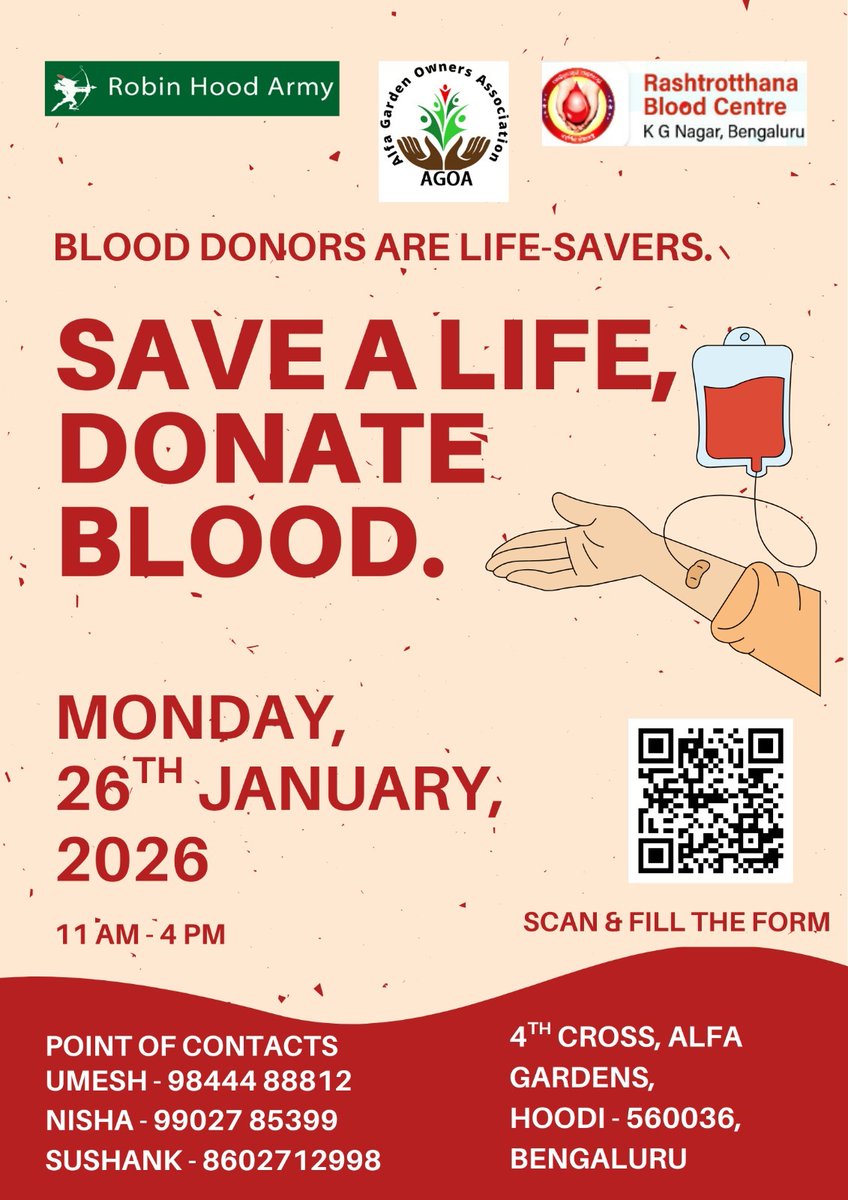 Sushank22's tweet photo. #Bengaluru #rha_bengaluru

Save A Life, Donate Blood.

🩸 Republic Day Blood Donation Drive - Robin Hood Army, Bengaluru🇮🇳

📅 Date: 26th January, 2026

⏰ Start time: 11 AM

📍 Location: Alfa Garden Park, Hoodi

🔗 Map link: https://t.co/7HhpH8btQh https://t.co/gr3Y0sBoy8