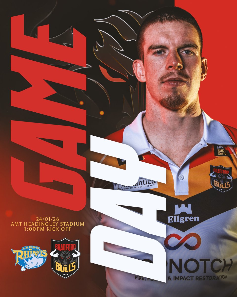 OfficialBullsRL's tweet photo. 👊 | GAMEDAY!

🆚 | @leedsrhinos 
📅 | 24/01/26
🕐 | 1:00pm
🏟️ | AMT Headingley Stadium

#RunWithTheBulls https://t.co/GWagIT6LE4