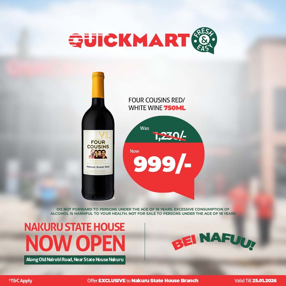 Weekend vibes loading… Four Cousins sweet red/white wine 750ml at KSh 999 only @ Quickmart Nakuru. Perfect for chilling with friends or solo unwind. Grab yours before they're gone!  #Quickmart65 #FreshAndEasy
