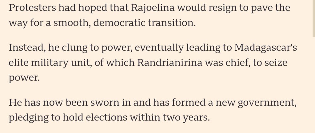 DagoNewsreader's tweet image. Honte à @SE_Rajoelina ! 
Par pur égoïsme il a favorisé un coup d' État militaire🪖

Les Malgaches voulaient juste des conditions de vie décentes, un changement démocratique. Mais il a radicalisé le mouvement des GenZ 
&amp;amp; maintenant fini le rêve d'un moment! bbc.com/news/articles/…