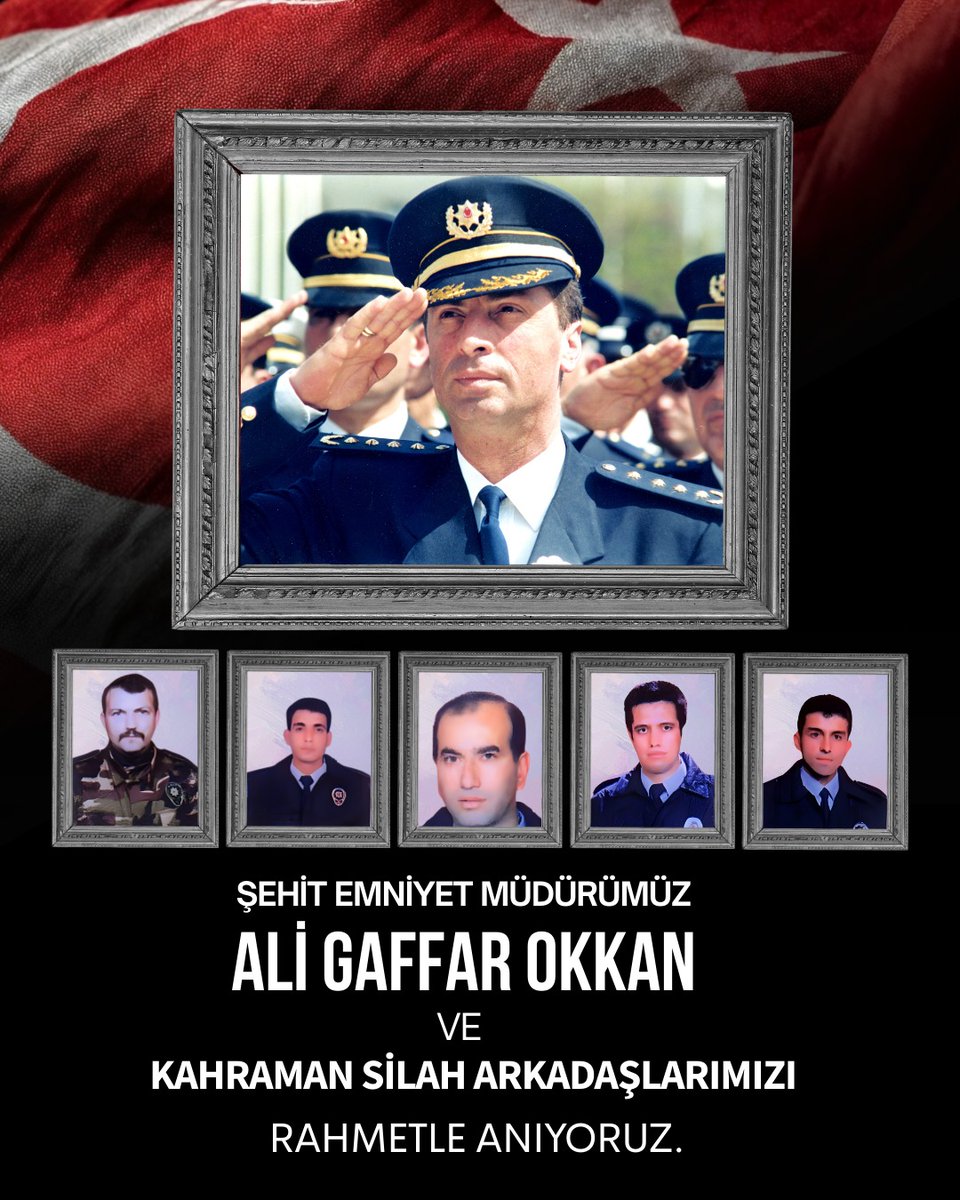 DiyarbakirEmn's tweet photo. 24 Ocak 2001 tarihinde şehit olan Emniyet Müdürümüz Ali Gaffar Okkan ile kahraman silah arkadaşları Sabri Kün, Mehmet Sepetçi, Atilla Durmuş, Selahattin Baysoy ve Mehmet Kamalı'yı şehadetlerinin 25. yıl dönümünde rahmetle anıyoruz. https://t.co/Xre6yF8Dsq