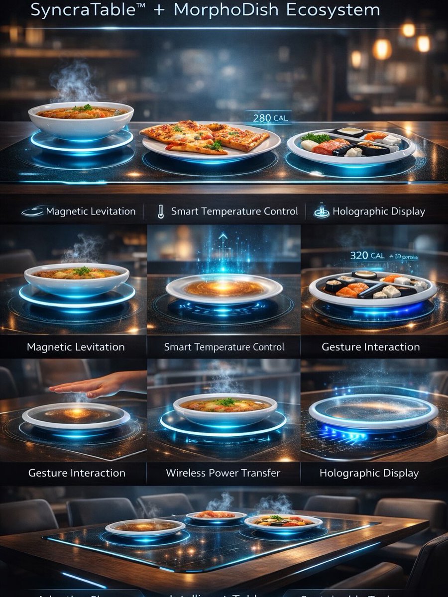 Eliecashmere's tweet image. Meet SyncraTable × MorphoDish: a smart dining ecosystem where plates float, morph, and sync with the table for temperature control, gesture interaction, and holographic info.
#FutureOfDining #SmartTableware #FuturisticTech #ProductInnovation #LuxuryDesign