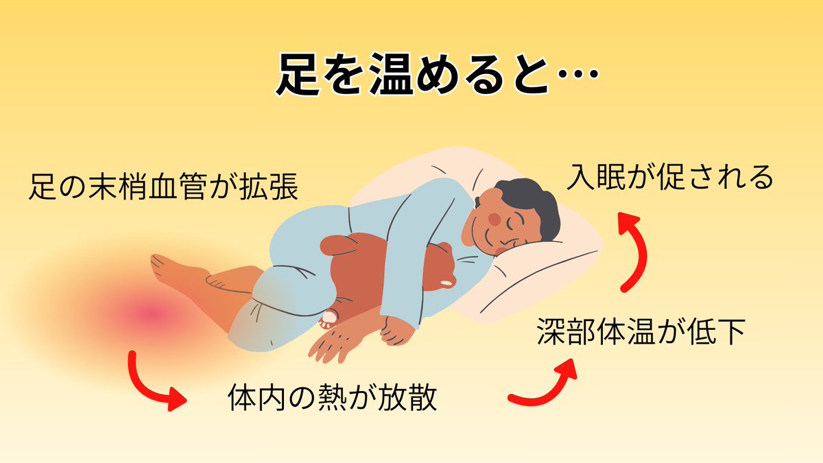 こたつで眠くなる、ホットカーペットの上で眠くなるなど、皆さん経験がありますよね。この眠気は足の血流が良くなり、体内の熱が放散されて深部体温が下がることで起こります。夜なかなか寝付けない人はこのメカニズムを利用して、足を温めてみましょう。