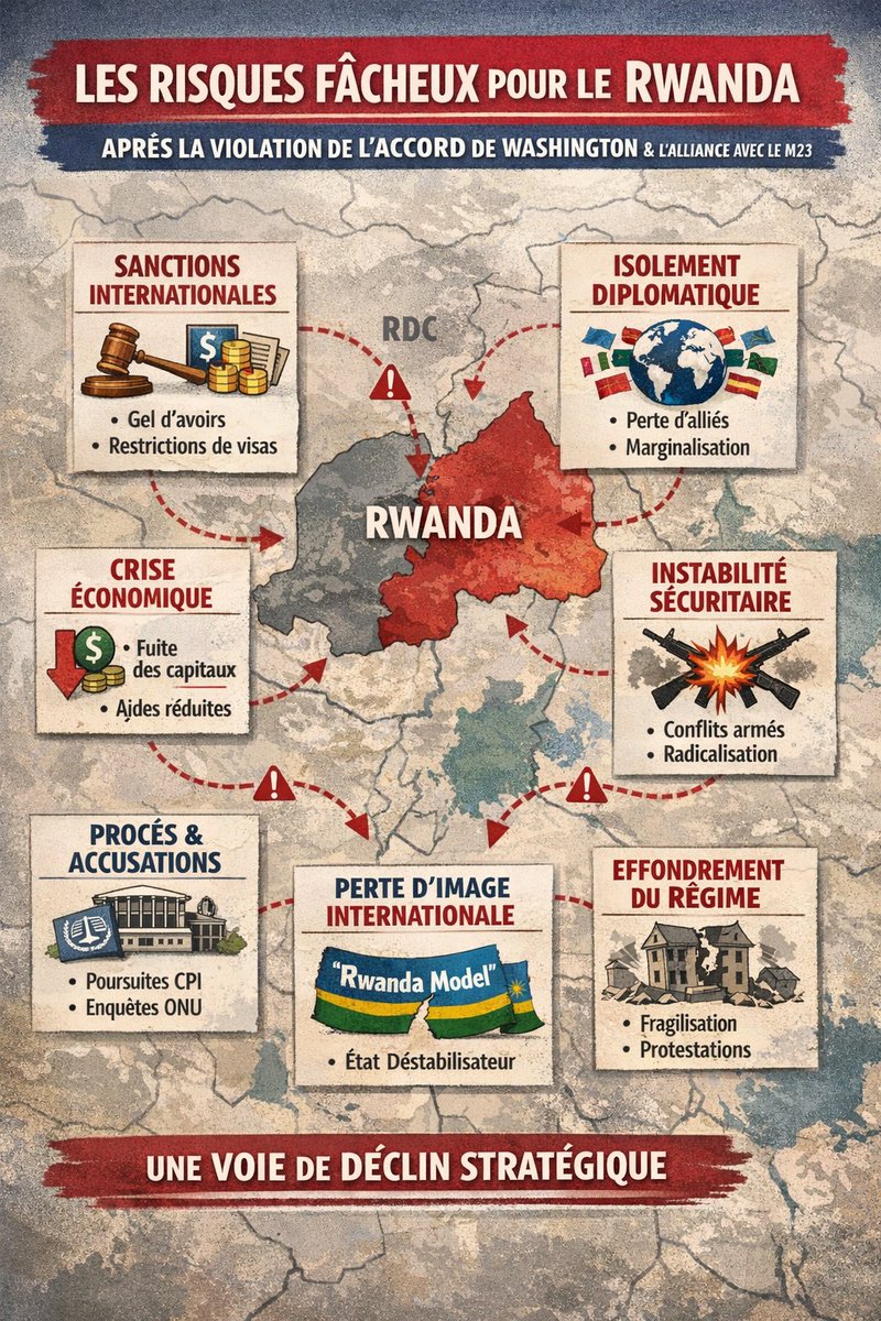 Wazalendos243's tweet image. 🚨  URGENT ‼️ 1/2
Les Conséquences qu’encoure le #Rwanda de #PaulKagame suite au Non-respect de l’Accord de Paix de #Washington et son Admission de Collaboration avec le #M23_AFC : 📌STRATÉGIE D’AUTODESTRUCTION !!