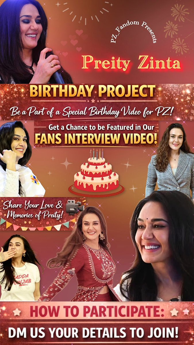 Be a part of something special for our forever favourite, Preity Zinta 💕 Get a chance to feature in our Preity Zinta Birthday Project 💫
🎥 Fans Interview Video
📩 DM us now to participate!

#PreityZinta #BirthdaySpecial #Bollywood #PunjabKings #IPL