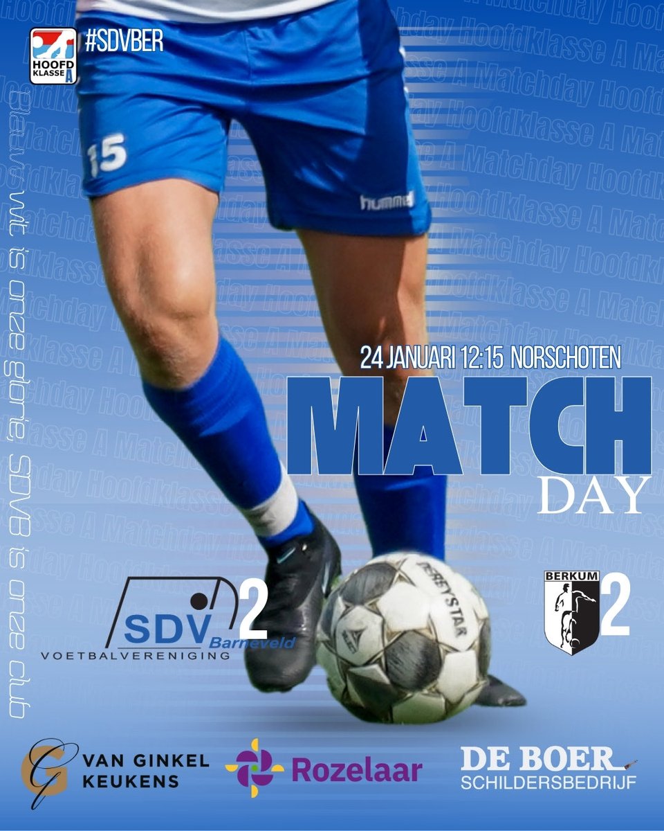 MATCHDAY!
⚽️ <a href="/SDVBarneveld/">SDVBarneveld</a> - <a href="/vvBerkum/">🖤🤍VV Berkum🖤🤍</a> 
🗓 24 Januari 2026
🏆 Reserve Hoofdklasse
🎬 13e ronde
🕒 12:15 uur
🏟 Sportpark Norschoten
📍 Barneveld
Tot vanmiddag 💙🤍
💪🏼🚪🫱🏼‍🫲🏻🐔