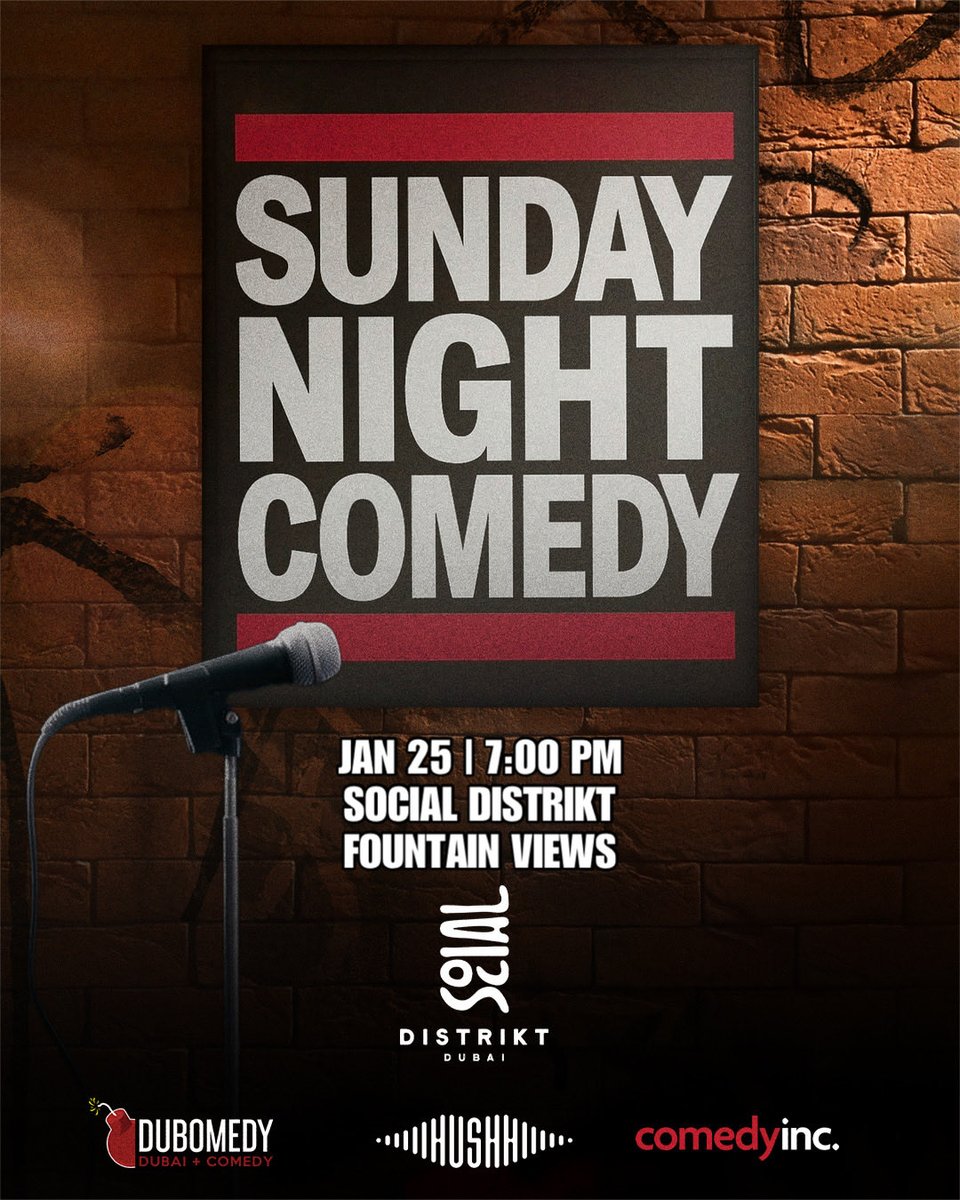 We’d love for you join us Sunday at Social Distrikt! Killer line-up, Big Laughs, Guest UK 🇬🇧 Comic and admission is free. 🎉

Here’s the RSVP link 🔗 

eventbrite.com/e/1980369514528 #dubai #comedy