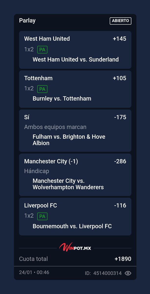 Parlay soñador de Premier League 🏴󠁧󠁢󠁥󠁮󠁧󠁿  para este sábado 

Tenemos que repetir la hazaña hermanos 

Si se gana voy a repartir 2 transferencias entre los ❤️ 
Dejen su buena vibra.