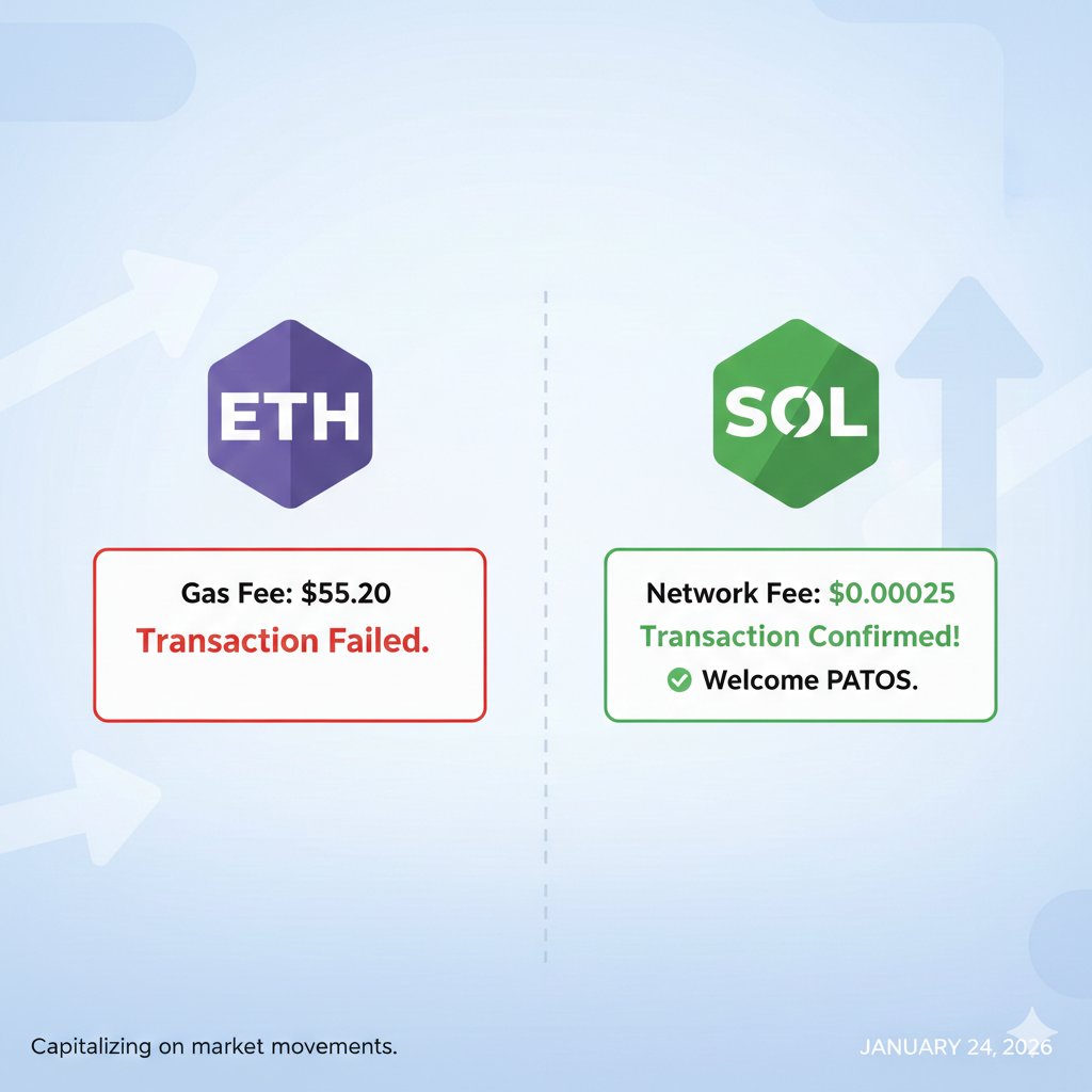 Ethereum meme coins are killed by gas fees. Who wants to pay $50 to buy  $100 of a meme? Patos on Solana fixes this. Frictionless trading means more  fuel for the pump.