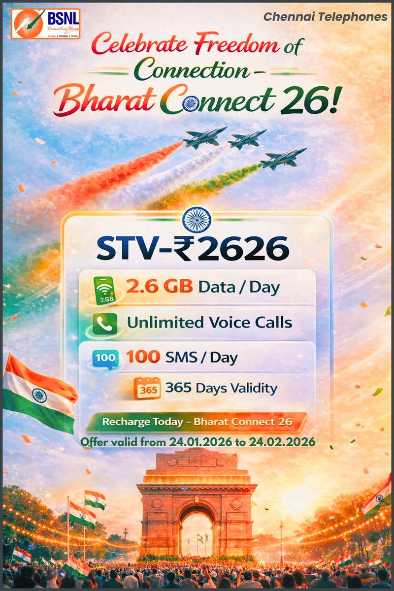 BSNL_CHTD's tweet photo. Salute to Savings, Salute to Connectivity – STV ₹2626!... Get 2.6GB/Day, 100SMS/Day, Unlimited Calls with 365 days validity, offer valid till 24.02.2026
#Bharatconnect26
#republicday
#digitalbharat
#bsnlmobile https://t.co/OMbzcEXS1e