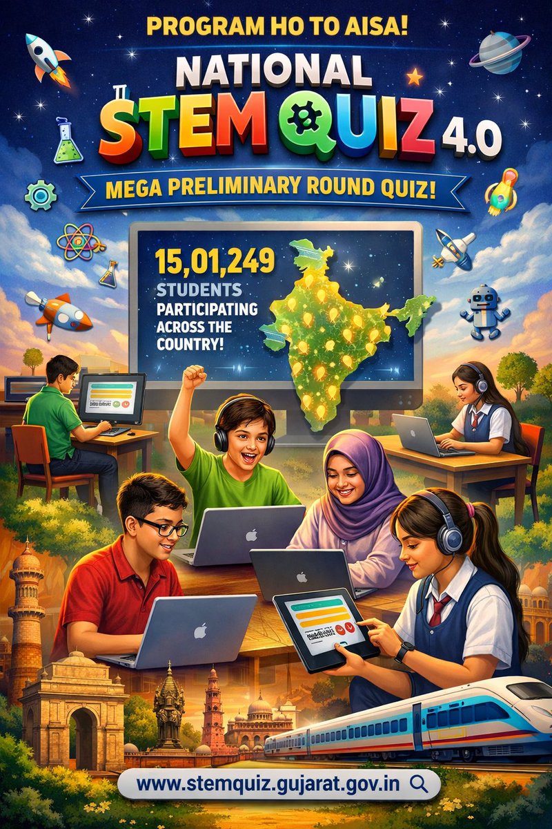 Imsujitx1's tweet photo. Gujarat hosts, India participates 🇮🇳
15,01,249 students take part in the National STEM Quiz 4.0 🧠🚀
Celebrating knowledge, innovation, and young talent!
#STEMQuiz4 #Gujarat #IndiaLearns https://t.co/4WxRy7L6A9