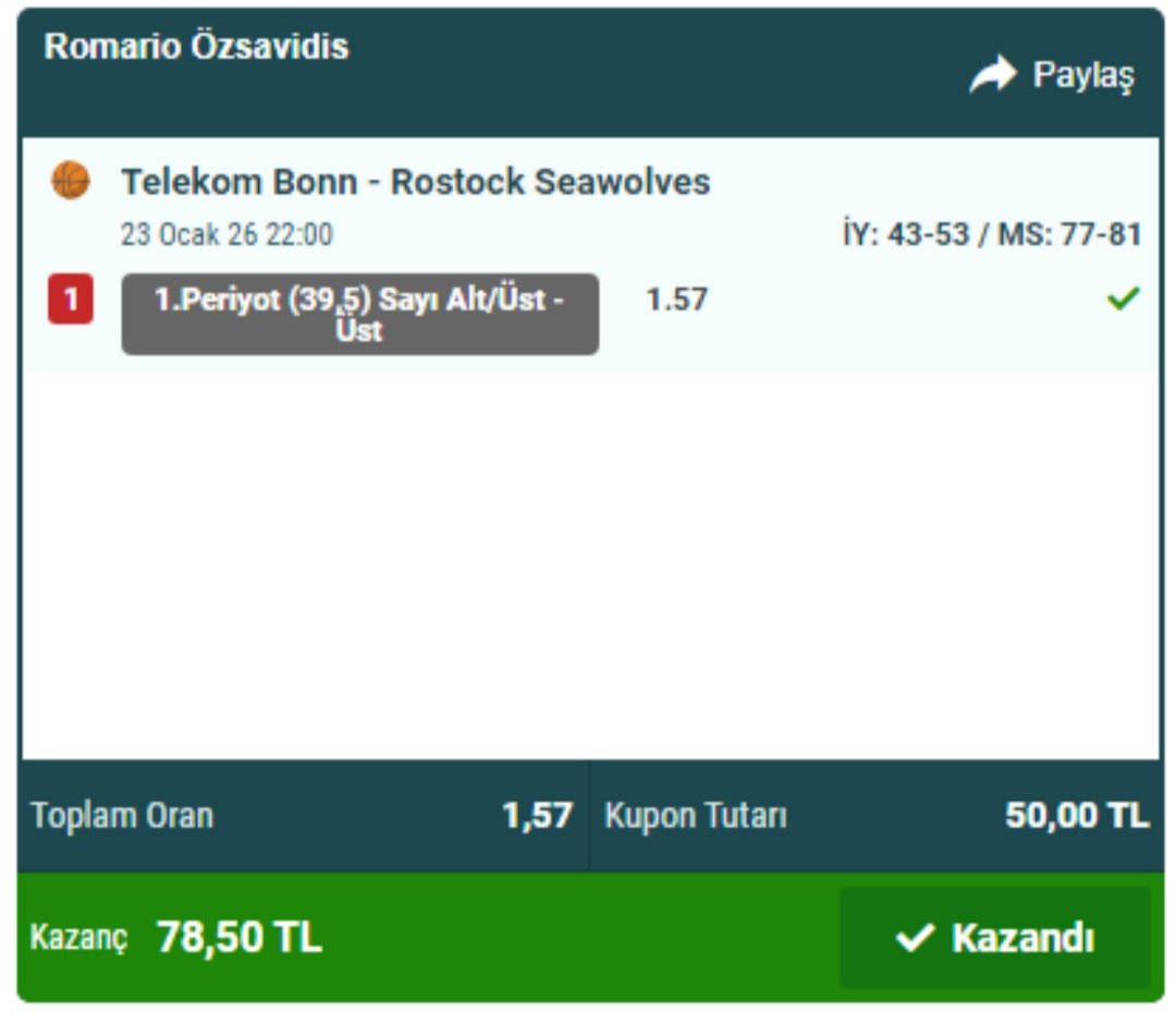 * <a href="/Nesinecom/">Nesine</a> takipçileri için hazırlamış olduğumuz Almanya Basketbol Ligi Kuponu ile kazandırmaya devam ettik. 🏀

** Toplam Oran : 1.57 ( Tek Maç ) Değerlendirenlere Teşekkürler, Tebrikler.! 🙂  ✅  💯