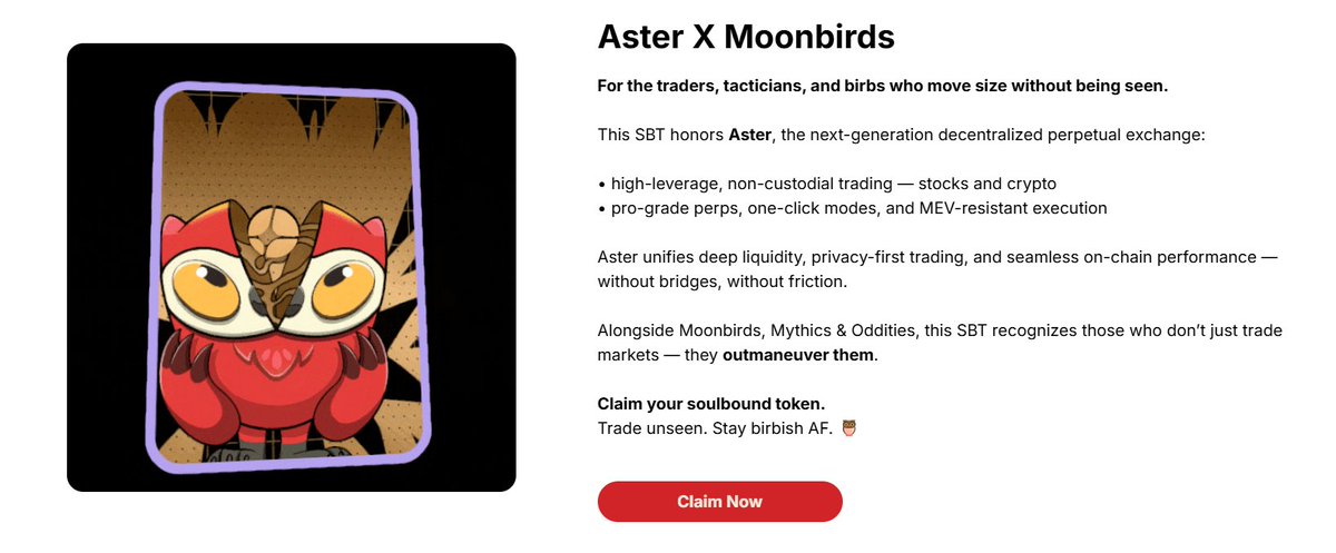 DigiTektrades's tweet photo. $BIRB confirmed TGE for Jan. 28th on solana
Potential reward for SBT holders

If you haven't claimed/minted any SBT, you might want to do so before it ends.

📌Only about 255K wallets have minted so far.
We currently have just telegram stickers, Aster and byreal users SBT left to mint.

- Go to https://t.co/LuYth9VKCk
- Connect wallet and mint

How many @moonbirds SBTs do you have so far?