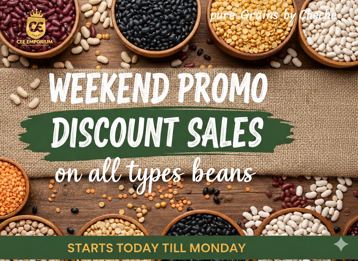 Okorecheche's tweet photo. Stock up and save! 
Our Weekend Promo Discount Sales are officially LIVE at Pure Grains by Cheche! From now until Monday, enjoy special discounts on ALL types of beans. Whether you need honey beans, brown beans, or white beans, we’ve got the best quality waiting for you. https://t.co/w6x7i7ZOiA