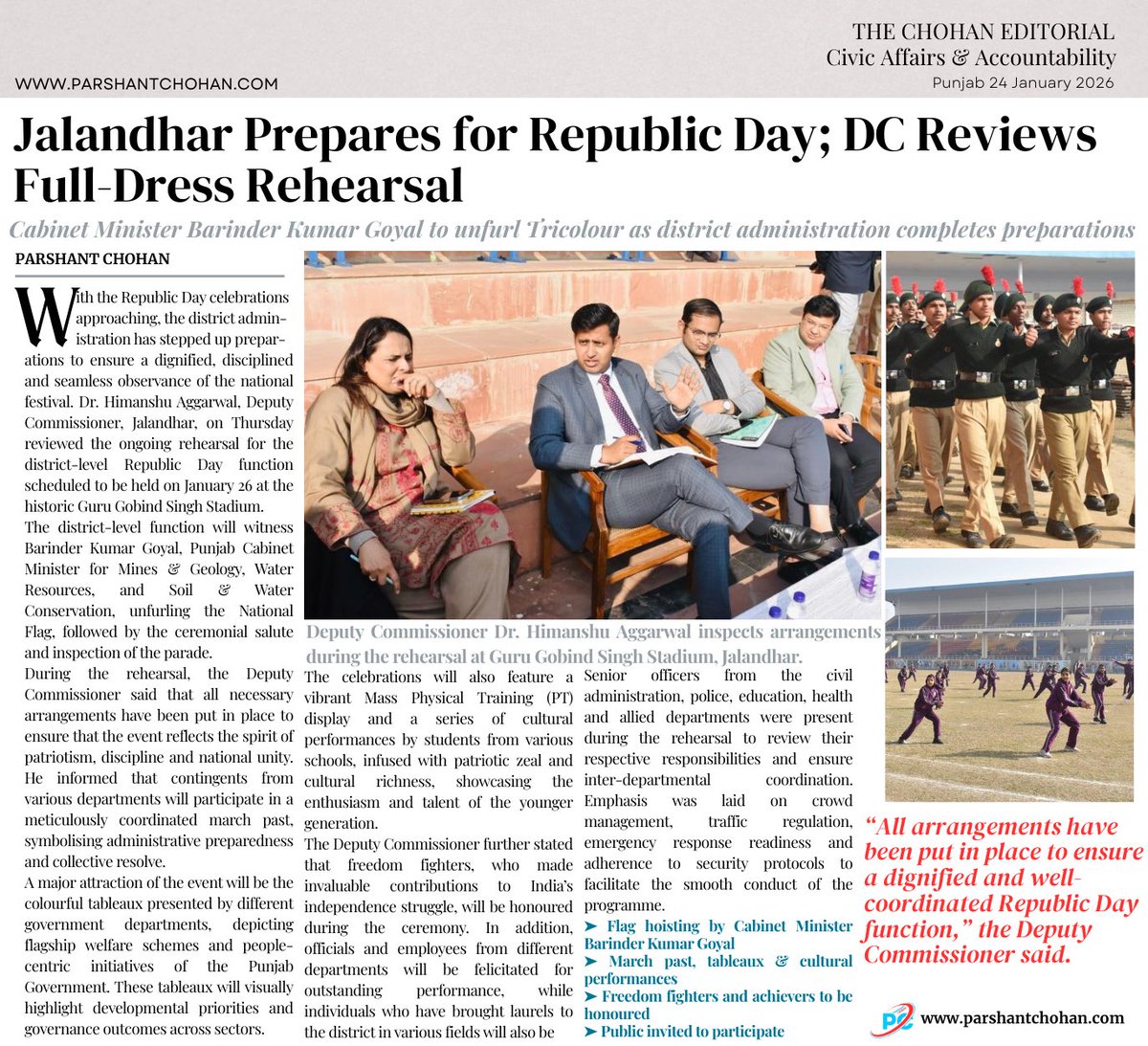 chohan_parshant's tweet photo. Deputy Commissioner Dr. Himanshu Aggarwal, IAS, reviewed the full-dress rehearsal for the district-level Republic Day celebrations to be held on 26 January at Guru Gobind Singh Stadium, Jalandhar.

Punjab Cabinet Minister Mr. Barinder Kumar Goyal will unfurl the National Flag during the ceremony, which will feature a march past, tableaux highlighting Punjab Government welfare initiatives, cultural performances, and felicitation of freedom fighters and achievers.

A celebration of patriotism, discipline and democratic values.✨

@himan47agg_IAS @CMOPbIndia @CsPunjab 

#republicday #jalandhar #nationfirst ❤️ #punjabgovernment #districtadministration