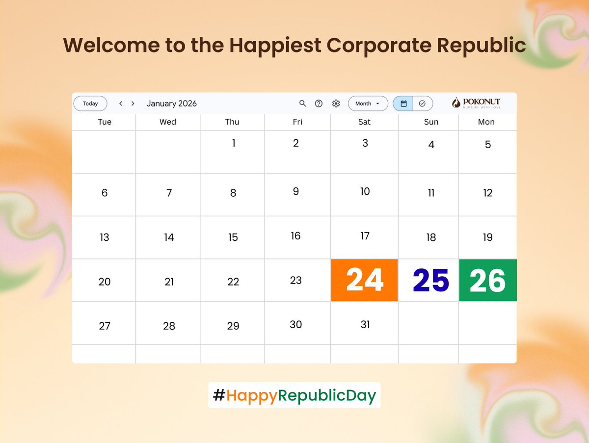 PokonutI's tweet photo. The calendar says it all. 📅

We’re heading into a 3-day break to celebrate our 77th Republic Day. We hope your weekend is as colorful and relaxing as this calendar looks!

The entire team at POKONUT wishes you and your family a very Happy Republic Day! 

#HappyRepublicDay #WeekendVibes #Pokonut #26thJanuary #CorporateCulture #Worklifebalance #Republicday2026