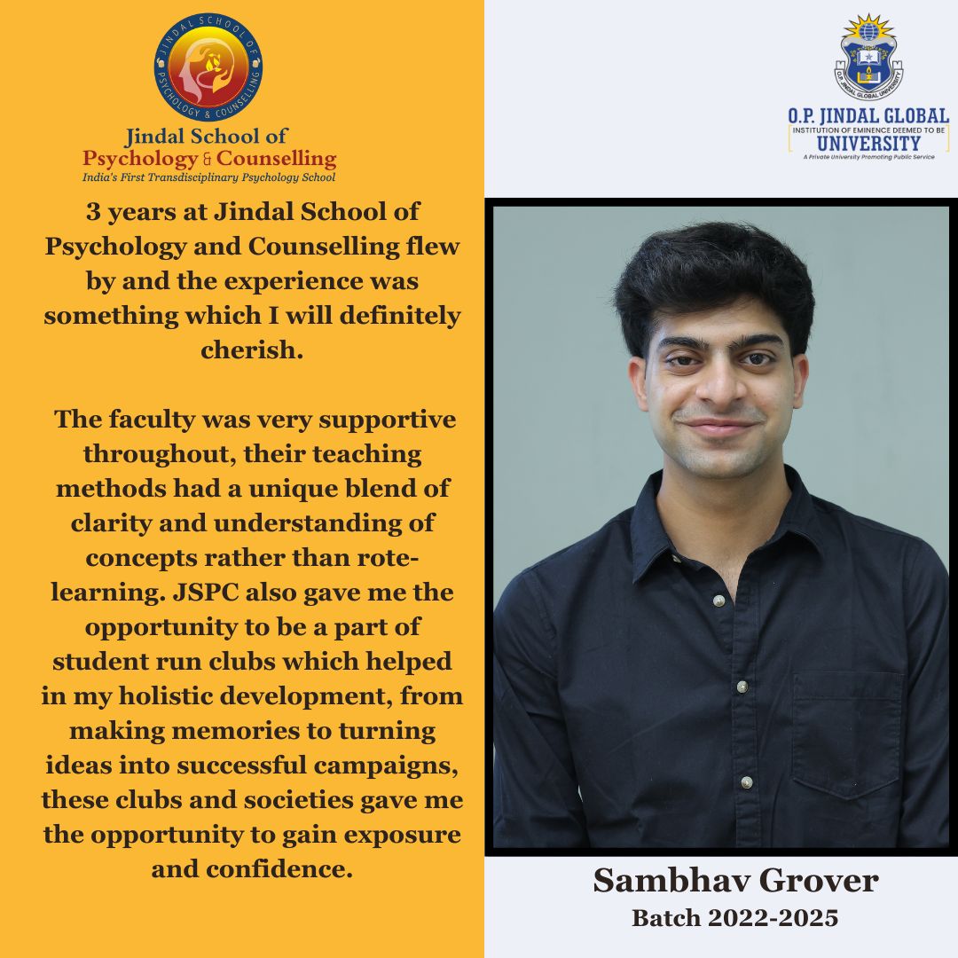 Alumni voices like these remind us that learning thrives where mentorship, curiosity, and community come together.
#AlumniVoices #StudentExperience #JindalSchoolOfPsychology #PsychologyEducation #HolisticLearning #AcademicExcellence #FacultySupport #FuturePsychologists