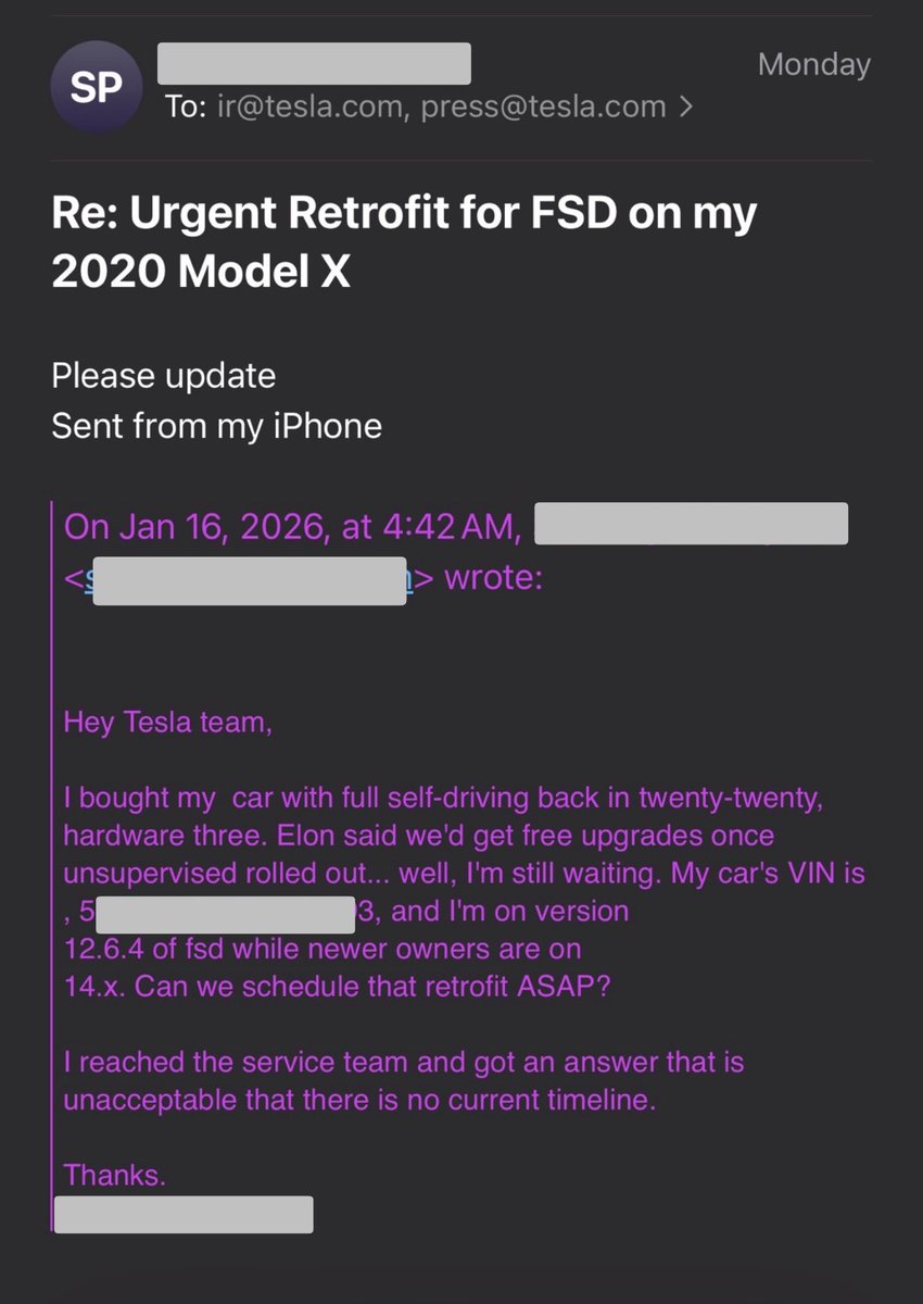 spwhoelse's tweet photo. @elonmusk How about the promise made to buyers 5 years back who prepaid for fsd ? Your team evaded a response https://t.co/4aELMBRctM