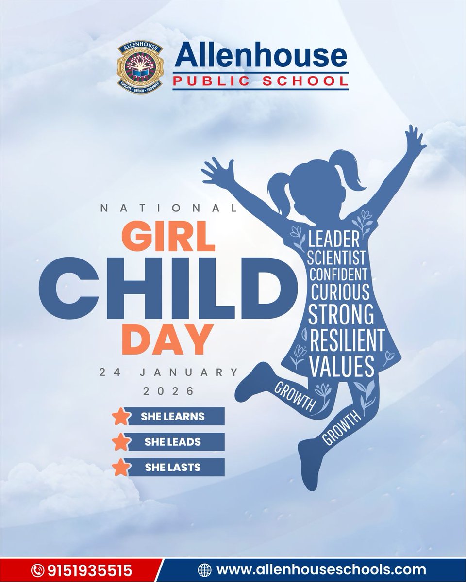 When a girl is educated, generations rise. 📷
From curiosity to confidence, from learning to leadership — every girl carries the power to transform the world.

#NationalGirlChildDay #GirlPower #StrongGirls #EducationForAll #AllenhousePublicSchool
