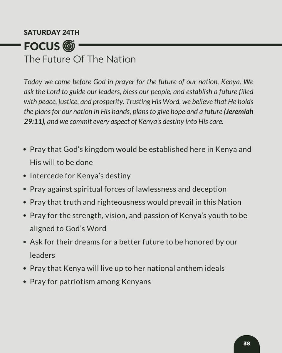 icckiserian's tweet photo. Saturday 24th | Day 20: The Future Of The Nation

Today we come before God in prayer for the future of our nation, Kenya. We ask the Lord to guide our leaders, bless our people, and establish a destiny filled with peace, justice, and prosperity. https://t.co/aqPZN49LpV