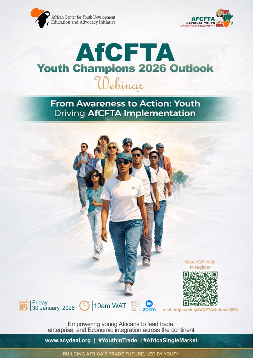 How can young Africans move from awareness to action in driving AfCFTA implementation?

🗓 Fri, 30 Jan 2026
⏰ 10:00 AM (WAT)
💻 Zoom (Virtual)

🎟️ FREE to attend | Registration required

👉 Register: bit.ly/AfCFTAOutlook2…

#AfCFTAYouth #YouthInTrade #AfricaSingleMarket