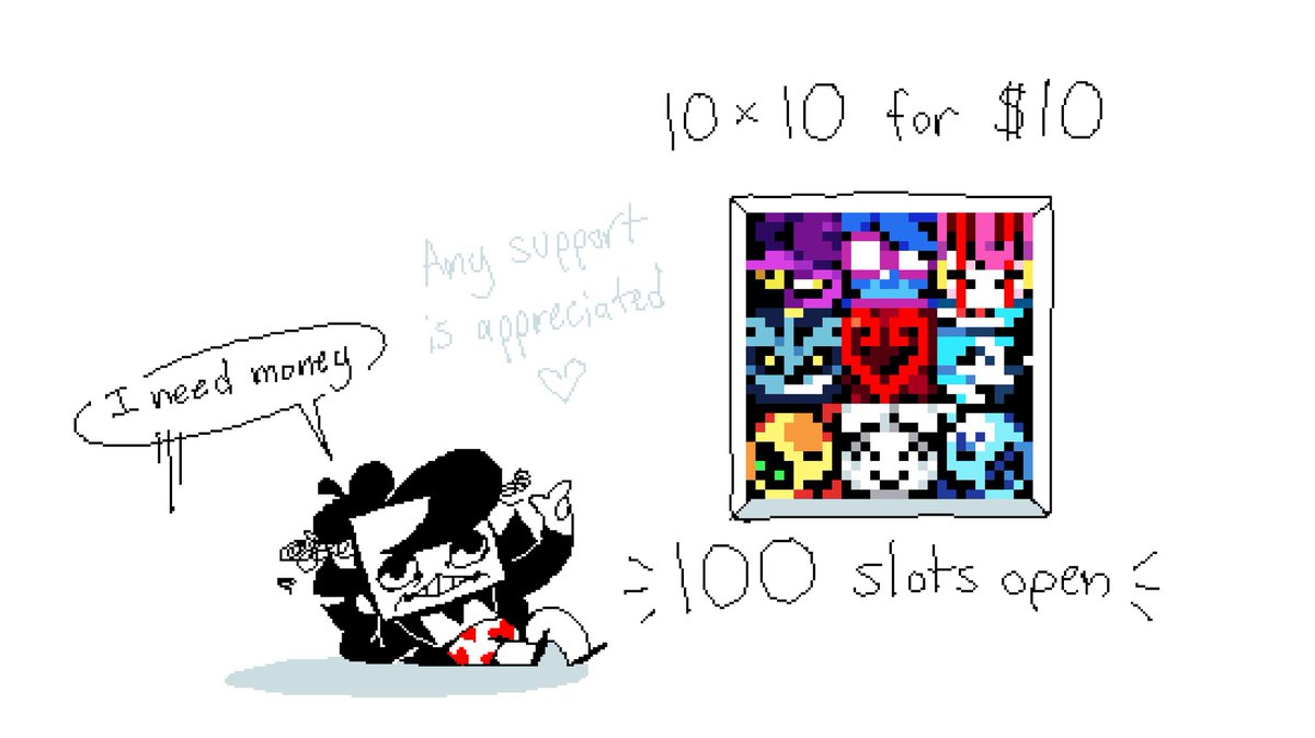 Howdy, I'm broke

Give me a ten and I'll give you a ten by ten, then I'll put up all the ten by tens in an even bigger ten by ten, totaling tens of ten drawings

Here's the link, anything helps
ko-fi.com/c/6a977a63f7

If you want to know WHY I'm broke then continue reading🧵