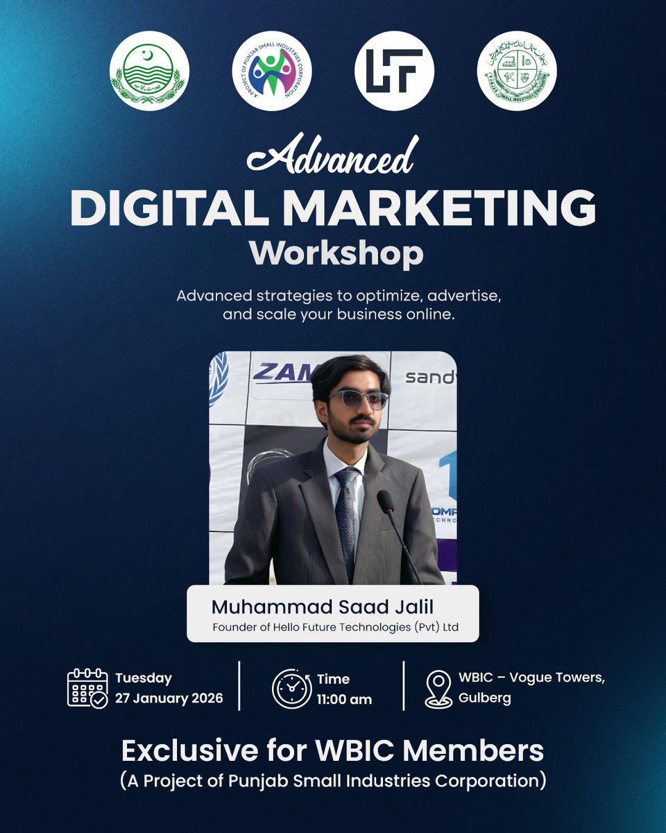hellofuturetech's tweet photo. Advanced Digital Marketing Workshop
Led by Muhammad Saad Jalil, this hands-on session focuses on strategic digital growth and practical marketing insights.

Aligned with the UN SDGs and delivered in collaboration with WBIC (a project of Punjab Small Industries Corporation). https://t.co/YEVyUk1602