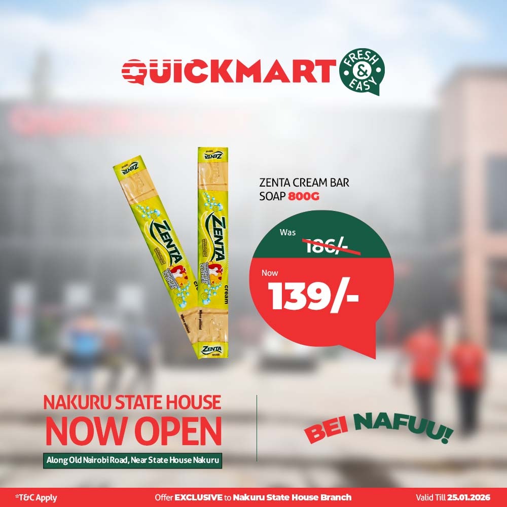 Treat your skin to the Zenta Cream Bar soap. This large 800g bar is now priced at 139 shillings.
#Quickmart65 #FreshAndEasy