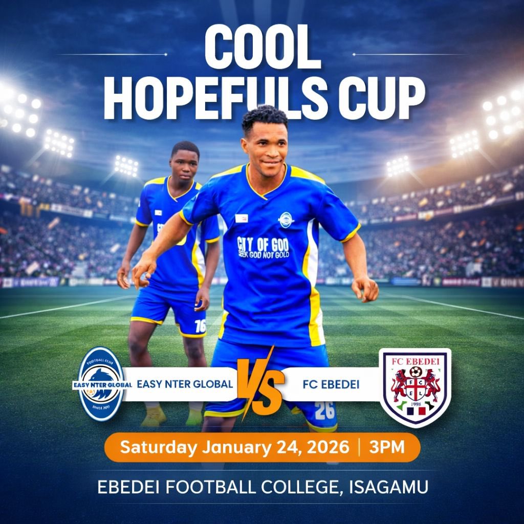 Matchday 

🗓️ January 24, 2026
⏰ 3 p.m.
📍Ebedei Football College, Sagamu

#EasyNterGlobalFC
#NterTheFuture
#GrassrootsFootball
#TalentDevelopment
