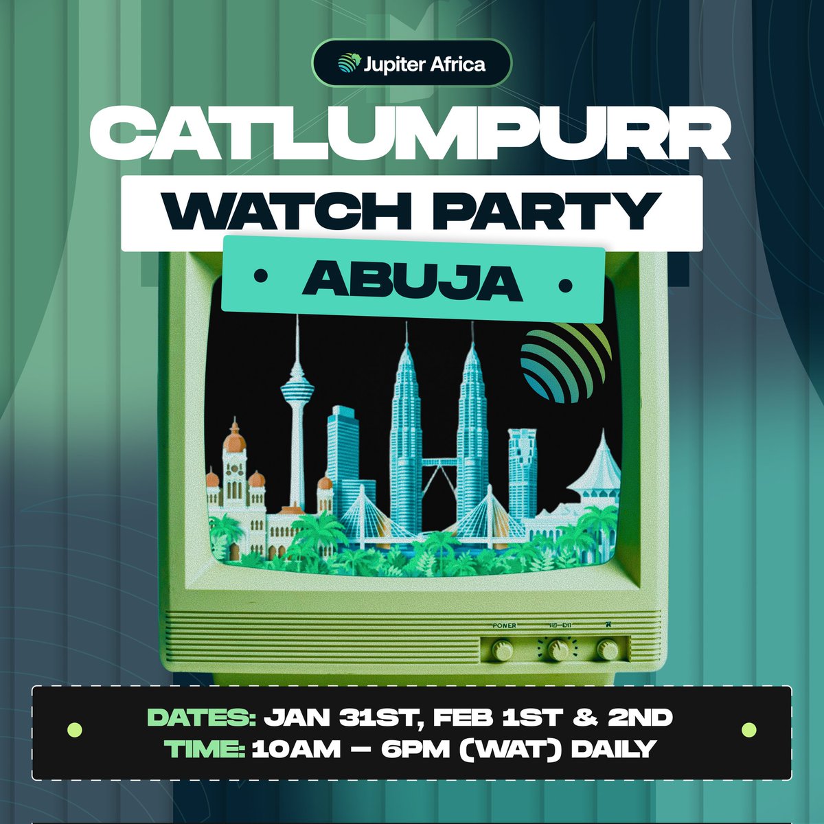 Catlumpur in Kuala LUMPUR, Malaysia 🇲🇾 goes live in 6 days.

We will be hosting a watch party for every African who can't afford to be at KL due to visa constraints. 

Locations: Lagos &amp; Abuja, Nigeria. 

You'll get to watch the stream live, with other Jupiter African community