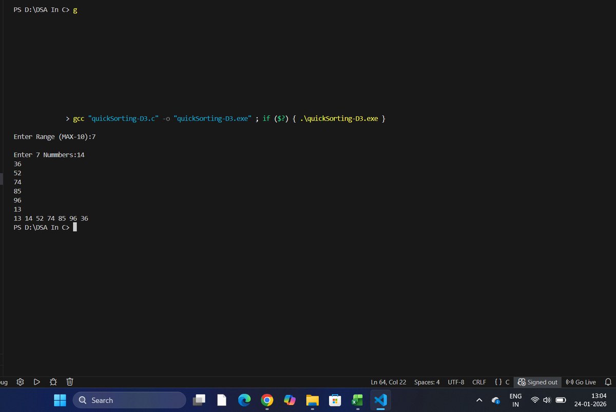 thekhuman__'s tweet photo. Day 36/100: Leveling up with Quick Sort! ⚡🔢
Moving beyond simple sorting to "Divide and Conquer." Mastering the Pivot logic and recursion in C today. 💻
Understanding why efficiency jumps from O(n^2) to O(n \log n) is a game changer! 🧠🚀
#100DaysOfCode #DSA #C #QuickSort https://t.co/5KyjAOLxDF