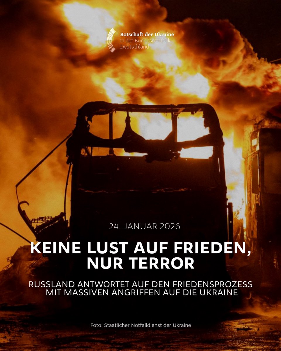 Makeiev's tweet photo. Während in Abu Dhabi Friedensgespräche geführt wurden, sendete Russland ein paralleles Signal, das sein wahres Ziel offenbart: die Fortsetzung des Terrors.

Statt sich auf echte Diplomatie einzulassen, griff Russland die Energieinfrastruktur mit 372 Drohnen und 21 Raketen an. https://t.co/u9IU6im5MP