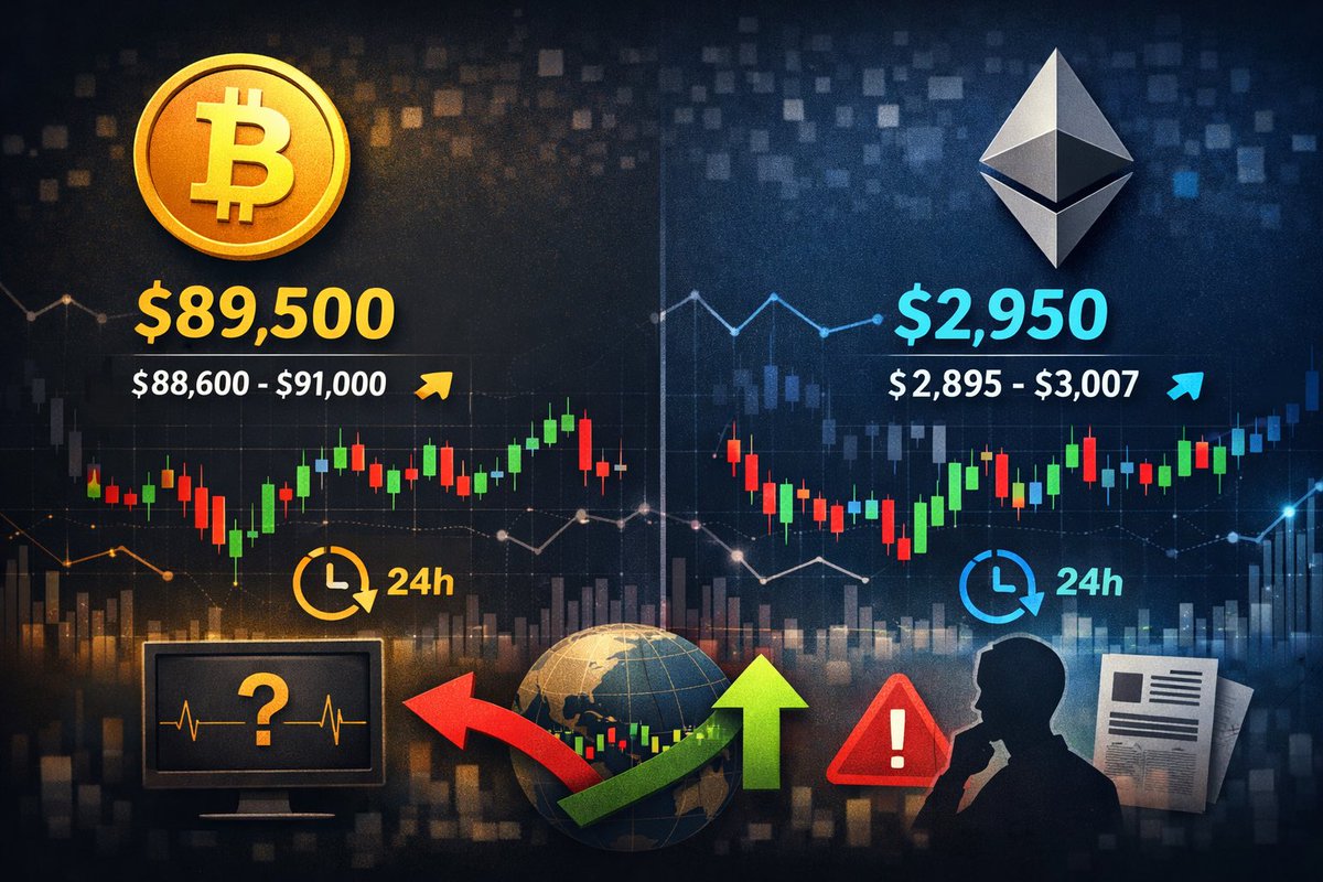 📉 Crypto update today: Bitcoin (BTC) is trading around $89,500 🟡 while  Ethereum (ETH) is around $2,950, both showing slight movements over the  last 24h. The market remains rather flat/volatile, with a