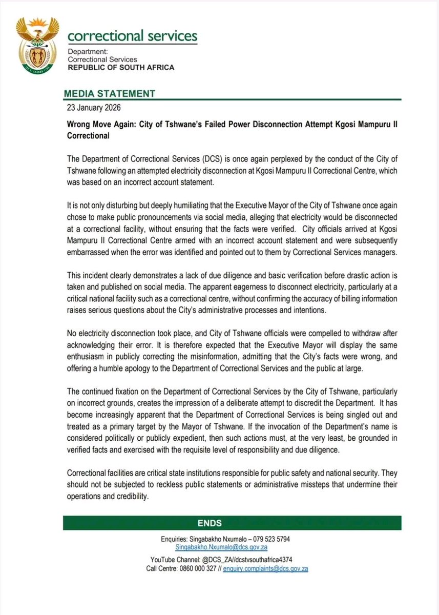Wrong move again by City of Tshwane's failed power disconnection attempt - Kgoši Mampuru II Correctional Centre...
