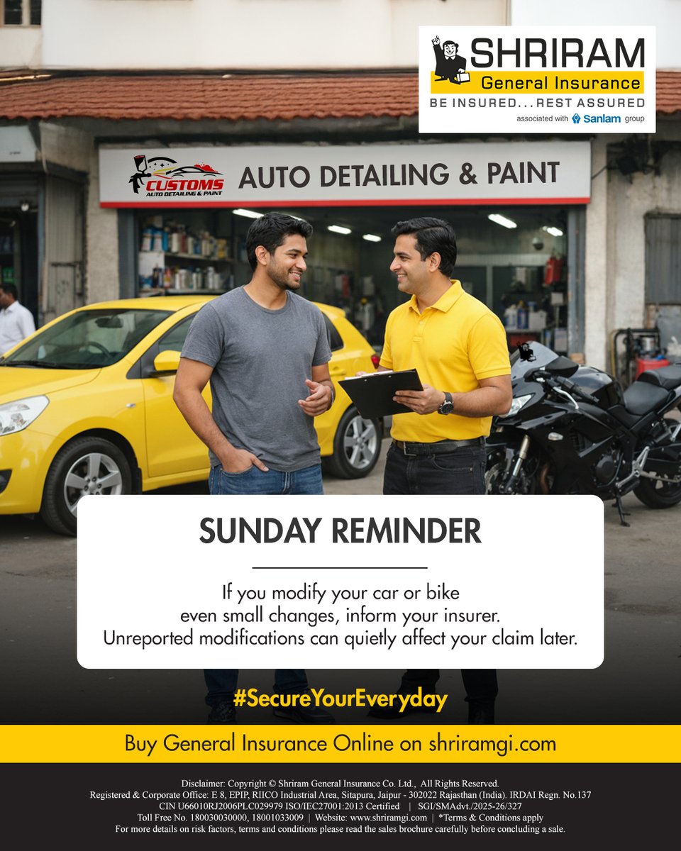 Upgraded your car or bike? Even the smallest modification matters.
Always inform your insurer—because unreported changes today can affect your claim tomorrow.
Stay protected. Stay prepared.

#MotorInsurance #CarCareIndia #BikeLifeIndia #InsuranceAwareness #SecureYourEveryday