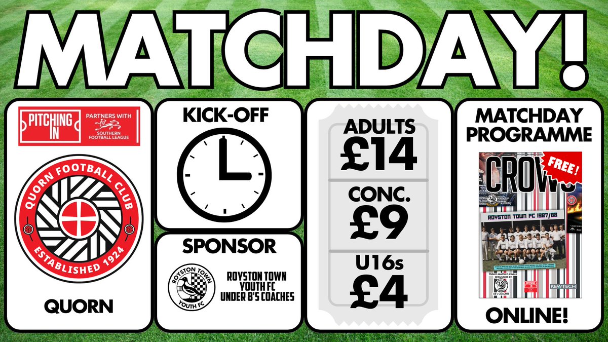 RoystonTownFC's tweet photo. It's another BIG game at Garden Walk TODAY as we host @QuornAFC in a crucial @SouthernLeague1 match! 

We need you more than ever as we look to climb up the table...  

Buy your tickets in advance and SAVE ££  https://t.co/4DF3P6Hw39

COME ON YOU CROWS! https://t.co/yTEcQ3S9yu