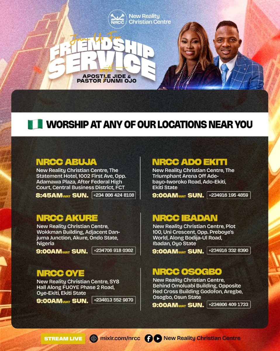 newrealitycc's tweet image. New year. 
Fresh connections. 
Same love.
Join us for our First Friendship Service of the year tomorrow at 9AM WAT, at the Triumphant Arena, Ilokun, Ado Ekiti.

Come as you are, leave better.

#sundayservice #friendshipservice #nrcc #nrccglobal #apjsays #church