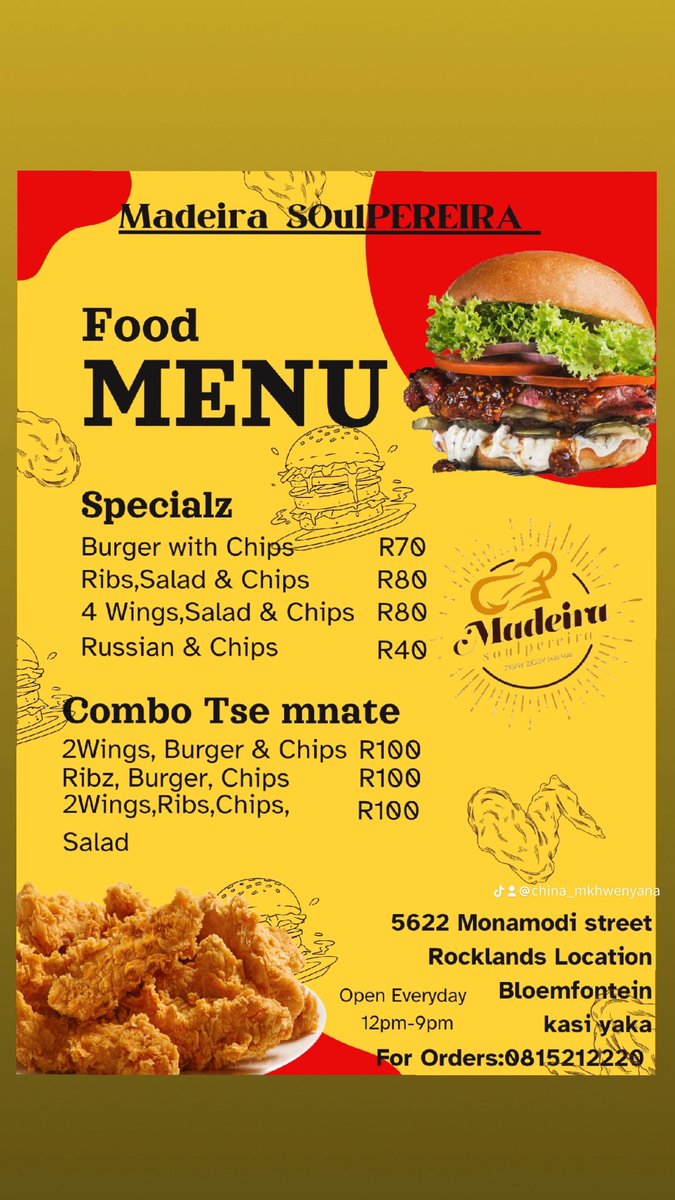 China_Tabz_'s tweet image. Madeira Soulpereira is Back

📍5622 Monamodi Street Rockland BFN
👍Open Everyday 
Bring your coolerbox a friend and most importantly come try the food.