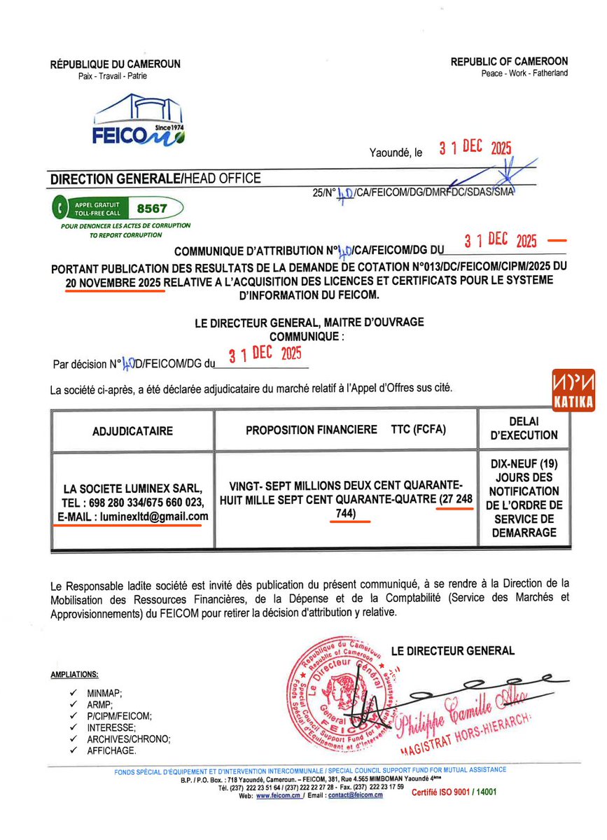 tassingremi's tweet photo. #Feycom Tu jettes la poubelle par terre, on t'interpelle mais tu octroies un marché de 27 millions FCFA à ETS LUMINEX exclue de la commande publique (du 22 mai 2025 jusqu'en 2027) et ça passe crème. Et AKOA Philippe Camille continue d'octroyer des marchés à AKOA Etienne Marcel. https://t.co/aSLRngGopF