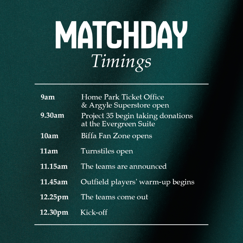 Argyle's tweet photo. Your key times for today's #Project35 takeover fixture! β°